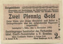Landeshut (heute: PL-Kamienna Góra) - Verband schlesischer Textilindustrieller eV, Breslau, Bezirksgruppe Landeshut - 1.11.1923 - 2 Gold-Pfennig 