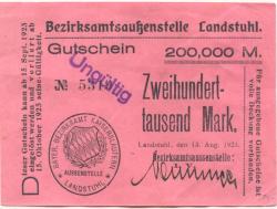 Landstuhl - Bayerisches Bezirksamt Kaiserslautern, Außenstelle Landstuhl - 13.8.1923 - 15.10.1923 - 200000 Mark