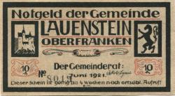 Lauenstein (heute: Ludwigsstadt) - Gemeinde - Juni 1921 - 10 Pfennig