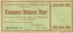 Lichtenstein(-Callnberg) - Stadt - 20.9.1923 - 100 Millionen Mark 