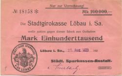 Löbau - Städtische Sparkassen-Anstalt - 24.8.1923 - 100000 Mark