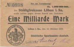 Löbau - Städtische Sparkassen-Anstalt - 18.10.1923 - 1 Milliarde Mark