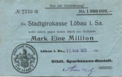 Löbau - Städtische Sparkassen-Anstalt - 17.8.1923 - 1 Million Mark