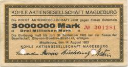 Magdeburg - Kohle AG, Otto von Guericke-Str. 47 - 14.8.1923 - 30.9.1923 - 3 Millionen Mark 