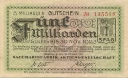 Magdeburg - Saccharin-Fabrik AG, vormals Fahlberg, List & Co, Magdeburg-Südost - 20.10.1923 - 5 Milliarden Mark 