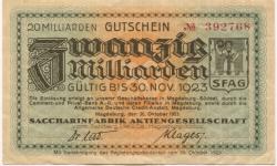 Magdeburg - Saccharin-Fabrik AG, vormals Fahlberg, List & Co, Magdeburg-Südost - 20.10.1923 - 20 Milliarden Mark 