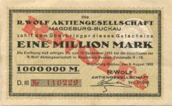 Magdeburg-Buckau - Wolf, R., AG, Feldstr. 9-13 - 8.8.1923 - 30.9.1923 - 1 Million Mark
