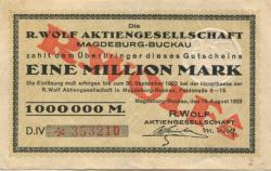 Magdeburg-Buckau - Wolf, R., AG, Feldstr. 9-13 - 15.8.1923 - 30.9.1923 - 1 Million Mark 