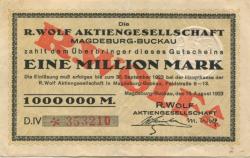 Magdeburg-Buckau - Wolf, R., AG, Feldstr. 9-13 - 15.8.1923 - 30.9.1923 - 1 Million Mark