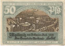 Mallmitz (heute: PL-Malomice) - Gemeinde - Juli 1921 - 50 Pfennig 