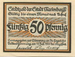 Marienburg (heute: PL-Malbork) - Stadt - -- - 50 Pfennig 
