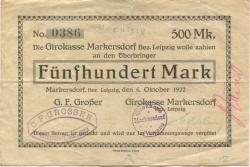 Markersdorf - Girokasse und G. F. Grosser (Strickmaschinenfabrik) - 6.10.1922 - 500 Mark