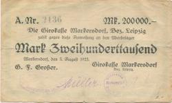 Markersdorf - Girokasse und G. F. Grosser (Strickmaschinenfabrik) - 3.8.1923 - 200000 Mark