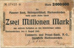 Markneukirchen - Commerz- und Privat-Bank AG, Zweigstelle Markneukirchen - 8.8.1923 - 2 Millionen Mark