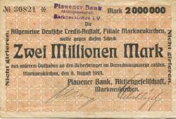 Markneukirchen - Plauener Bank AG - 8.8.1923 - 2 Millionen Mark