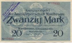 Maulbronn - Amtskörperschaft - 31.12.1918 - 1.2.1919 - 20 Mark