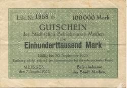 Meißen - Städtische Betriebskasse - 7.8.1923 - 30.9.1923 - 100000 Mark