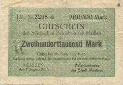 Meißen - Städtische Betriebskasse - 7.8.1923 - 30.9.1923 - 200000 Mark