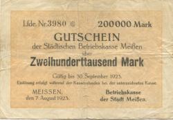 Meißen - Städtische Betriebskasse - 7.8.1923 - 30.9.1923 - 200000 Mark 