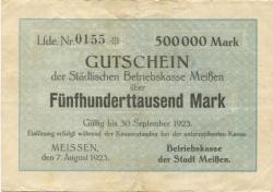 Meißen - Städtische Betriebskasse - 7.8.1923 - 30.9.1923 - 500000 Mark