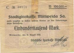 Mittweida - Städtische Sparkasse - 10.8.1923 - 100000 Mark