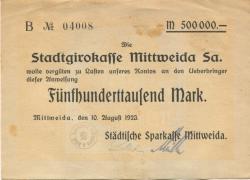 Mittweida - Städtische Sparkasse - 10.8.1923 - 500000 Mark