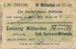 Mittweida - Städtische Sparkasse - 25.10.1923 - 20 Milliarden Mark