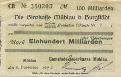 Mühlau - Gemeindesteuerkasse - 6.11.1923 - 100 Milliarden Mark