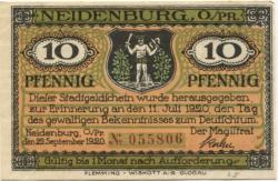 Neidenburg (heute: PL-Nidzica) - Stadt - 22.9.1920 - 10 Pfennig