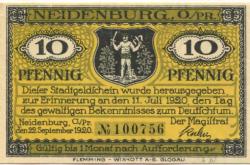 Neidenburg (heute: PL-Nidzica) - Stadt - 22.9.1920 - 10 Pfennig