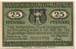 Neidenburg (heute: PL-Nidzica) - Stadt - 22.9.1920 - 25 Pfennig