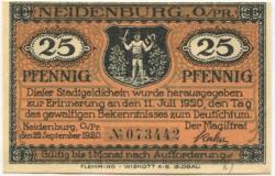 Neidenburg (heute: PL-Nidzica) - Stadt - 22.9.1920 - 25 Pfennig