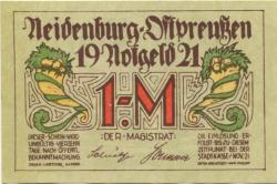 Neidenburg (heute: PL-Nidzica) - Stadt - November 1921 - 1 Mark