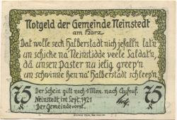 Neinstedt (heute: Thale) - Gemeinde - September 1921 - 75 Pfennig