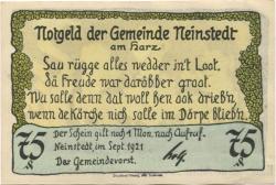 Neinstedt (heute: Thale) - Gemeinde - September 1921 - 75 Pfennig