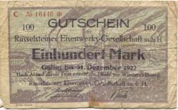 Neuwied - Rasselsteiner Eisenwerk GmbH - - 31.12.1922 - 100 Mark 