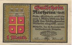 Nieheim - Vorschuss-Verein eGmuH - 19.11.1921 - 1.3.1922 - 1 Mark