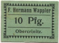 Obercrinitz (heute: Crinitzberg) - Wappler, F. Hermann, Gemischtwaren, Spitzenfabrikate - -- - 10 Pfennig 