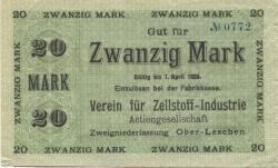 Ober-Leschen (heute: PL-Leszno Górne) - Verein für Zellstoff-Industrie AG, Zweigniederlassung Ober-Leschen - - 1.4.1920 - 20 Mark