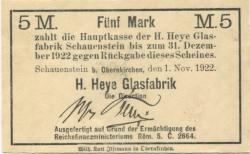 Obernkirchen-Schauenstein - Heye, H., Glasfabrik - 1.11.1922 - 31.12.1922 - 5 Mark