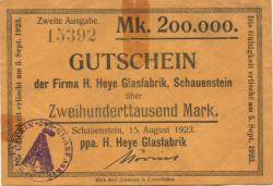 Obernkirchen-Schauenstein - Heye, H., Glasfabrik - 15.8.1923 - 5.9.1923 - 200000 Mark