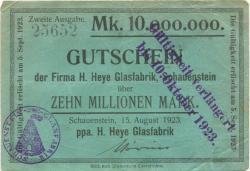 Obernkirchen-Schauenstein - Heye, H., Glasfabrik - 15.8.1923 - 10.10.1923 - 10 Millionen Mark