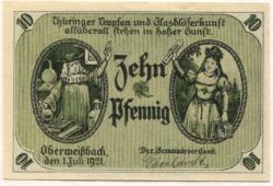 Oberweißbach (heute: Schwarzatal) - Gemeinde - 1.7.1921 - 10 Pfennig