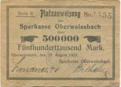 Oberweißbach (heute: Schwarzatal) - Sparkasse - 15.8.1923 - 500000 Mark