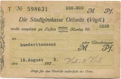 Oelsnitz - Koch & te Kock, Teppichfabrik, Filiale Oelsnitz - 15.8.1923 - 100000 Mark