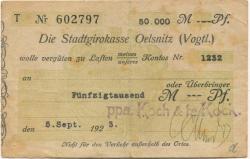 Oelsnitz - Koch & te Kock, Teppichfabrik, Filiale Oelsnitz - 5.9.1923 - 50000 Mark