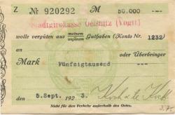 Oelsnitz - Koch & te Kock, Teppichfabrik, Filiale Oelsnitz - 5.9.1923 - 100000 Mark