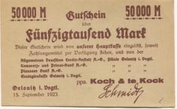 Oelsnitz - Koch & te Kock, Teppichfabrik, Filiale Oelsnitz - 15.9.1923 - 50000 Mark