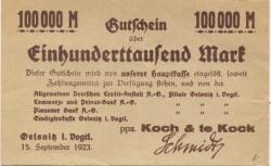 Oelsnitz - Koch & te Kock, Teppichfabrik, Filiale Oelsnitz - 15.9.1923 - 100000 Mark