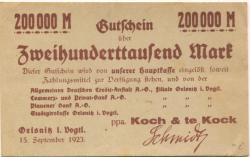 Oelsnitz - Koch & te Kock, Teppichfabrik, Filiale Oelsnitz - 15.9.1923 - 200000 Mark